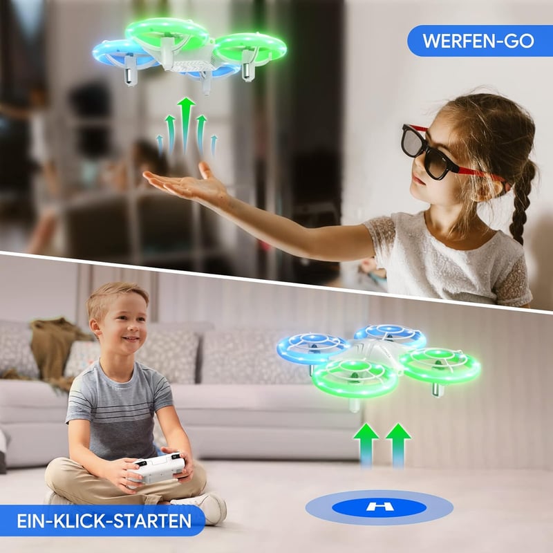 TOMZON Mini Drón Gyerekeknek - Kék-Zöld LED Világítás, 2 Akkumulátor, Fejnélküli Mód, 3D Flip, Körrepülés Funkció, Kezdő Pilótáknak