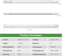 TONFFI LED Fürdőszobai Lámpa 115cm 36W IP65 Vízálló Semleges Fehér 4000K 8