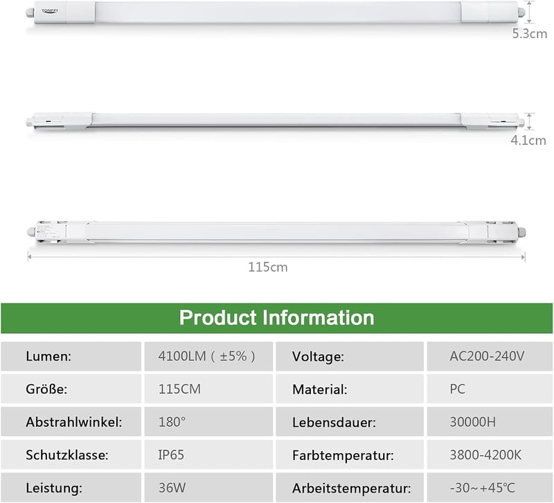 TONFFI LED Fürdőszobai Lámpa 115cm 36W IP65 Vízálló Semleges Fehér 4000K