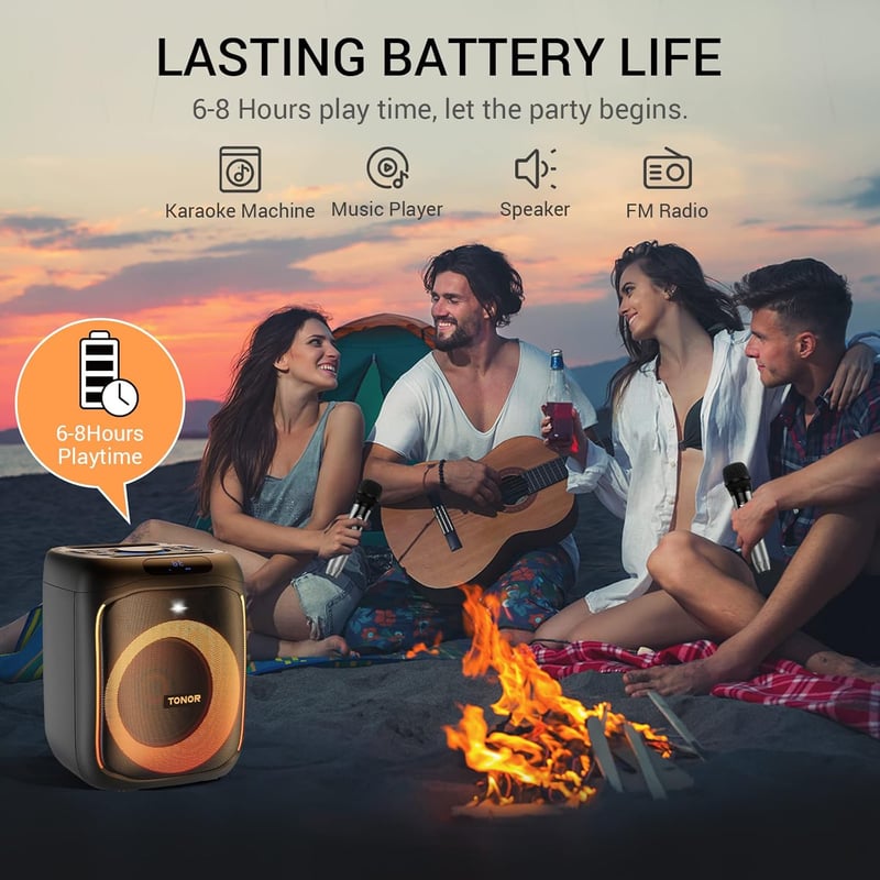 TONOR Karaoke Gép 2 Vezeték Nélküli Mikrofonnal Bluetooth LED Fénnyel Party Hangszóró