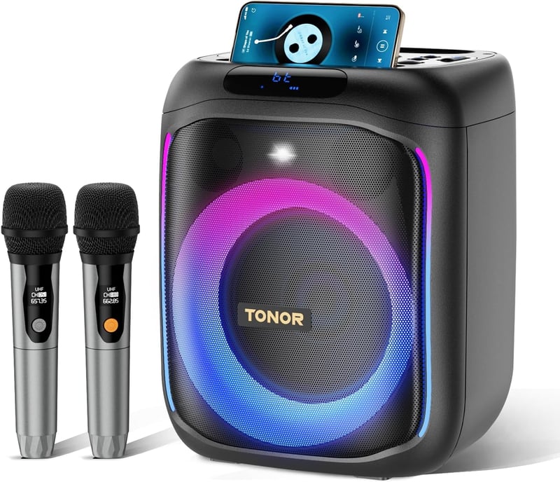 TONOR Karaoke Gép 2 Vezeték Nélküli Mikrofonnal Bluetooth LED Fénnyel Party Hangszóró