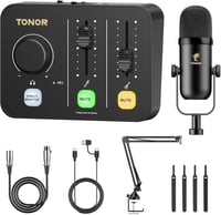 TONOR POD-1 podcast szett – hangkeverő, dinamikus mikrofon, boom kar, XLR audio interfész 1