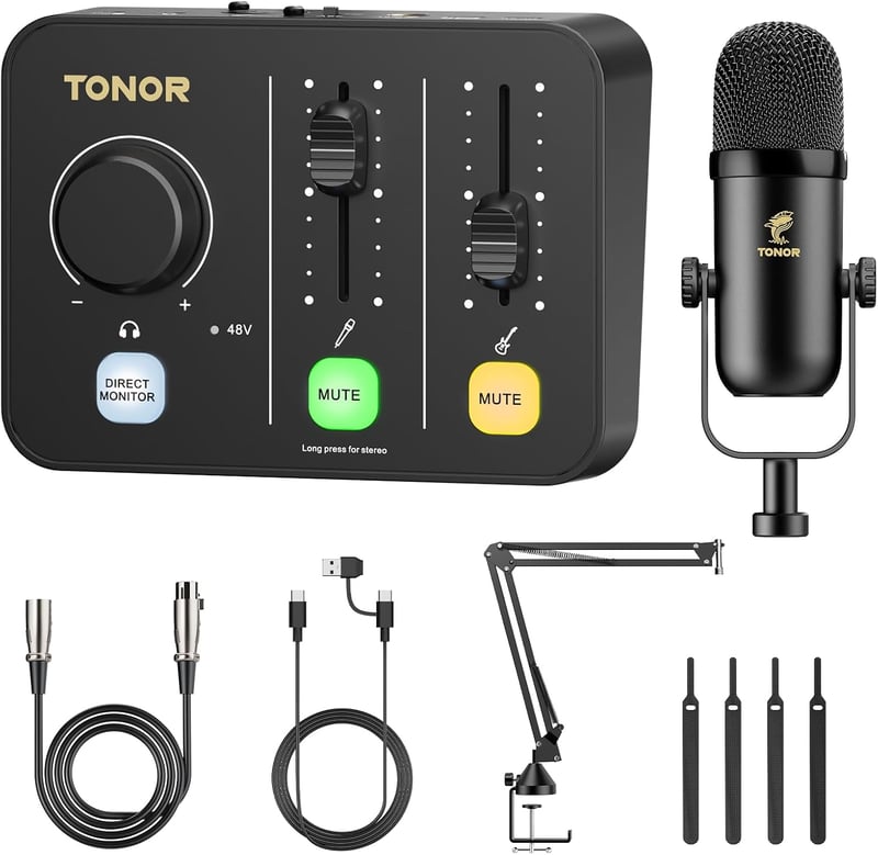 TONOR POD-1 podcast szett – hangkeverő, dinamikus mikrofon, boom kar, XLR audio interfész