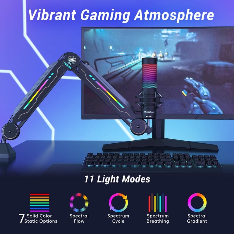TONOR T90 Gamer Mikrofon Kar RGB Világítással - Érintésvezérelt Mikrofontartó 11 Fényeffektussal, Univerzális Kompatibilitás, Acélötvözet