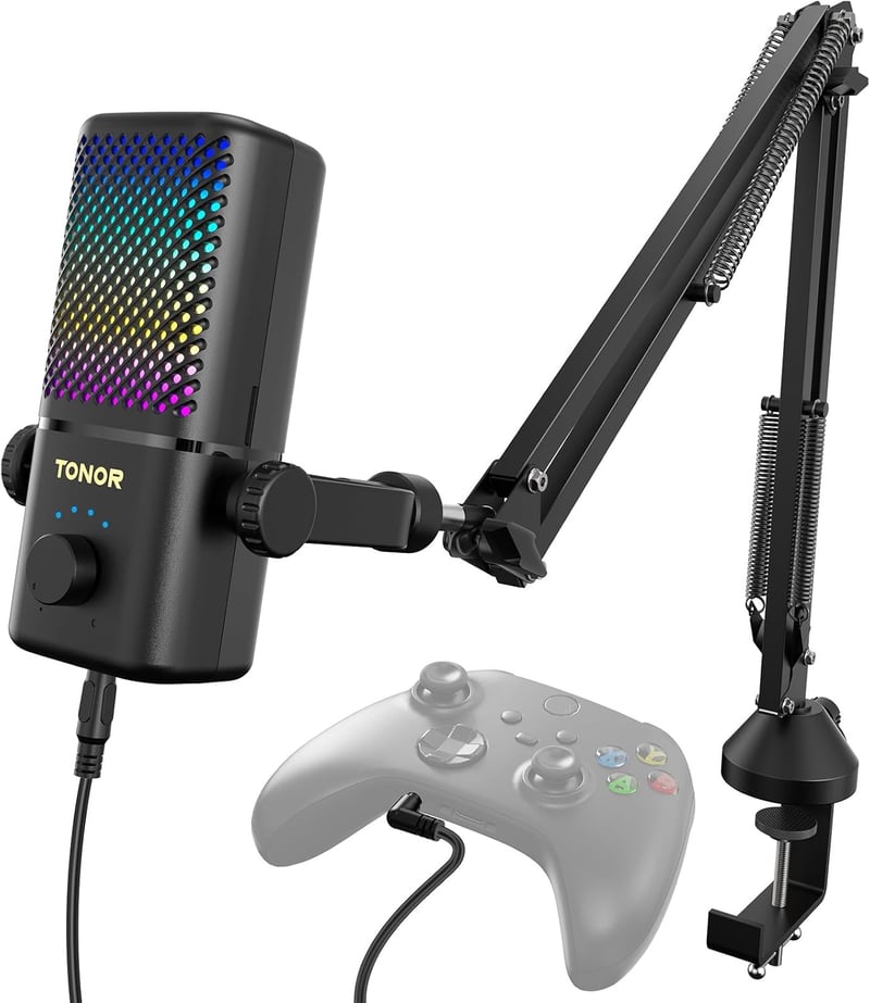 TONOR TCX3+ RGB kondenzátormikrofon Xboxhoz és capture kártyához csendes erősítésszabályzó egyérintéses némítás 200 cm kábel boomkar fekete