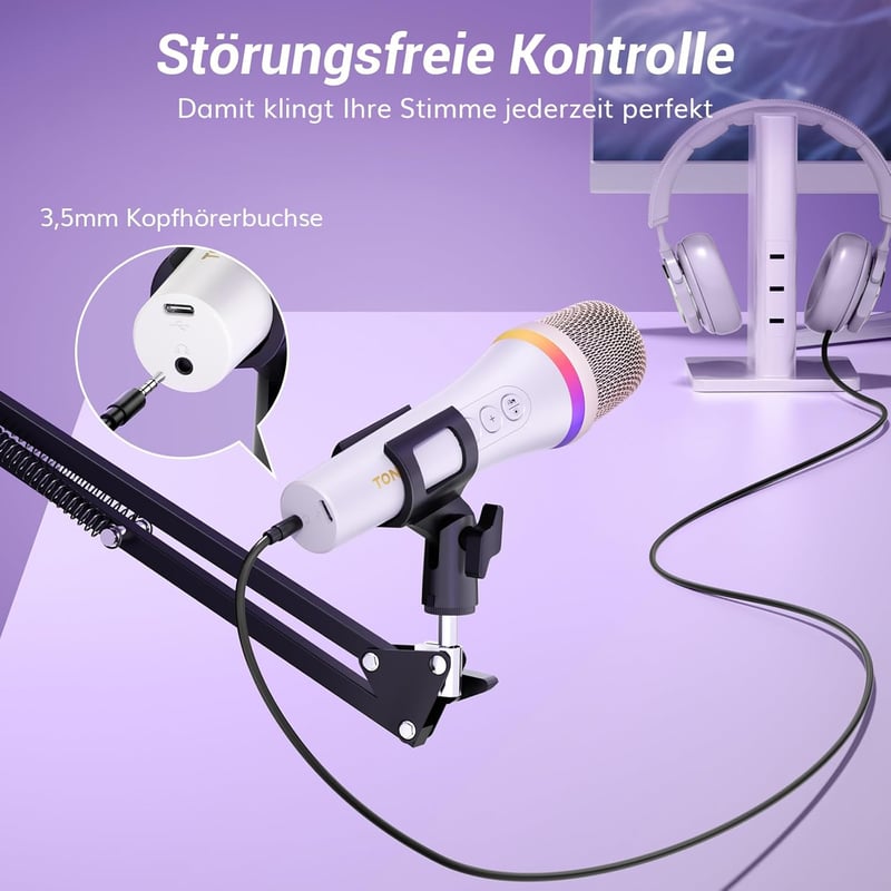 TONOR TD310+ Dinamikus USB/Type-C Mikrofon RGB Világítással - PC, PS4, PS5 Kompatibilis Gamer Mikrofon Karral Podcasthoz, Streameléshez, Fel