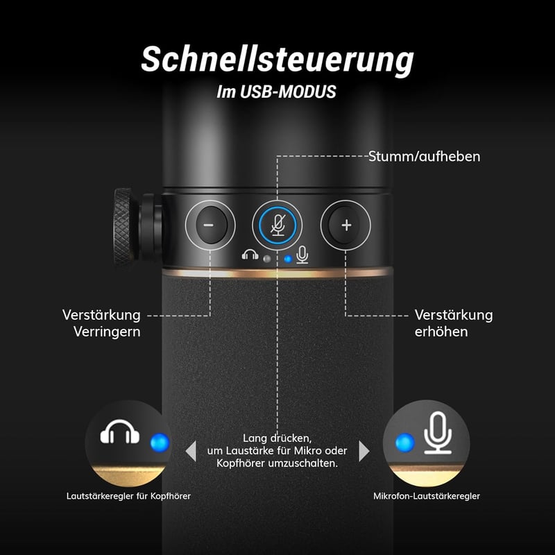 TONOR TD510 Dinamikus USB/XLR Mikrofon - Podcast, Gaming és Streaming Felvételekhez, Némító Gombbal, 24bit/96kHz, 3.5mm Fejhallgató Kimenett
