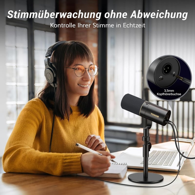 TONOR TD520 Dinamikus USB/XLR Mikrofon Asztali Állvánnyal - PC Gaming és Podcast Felvételhez, YouTube Streameléshez, Némító Gombbal, 3.5mm C