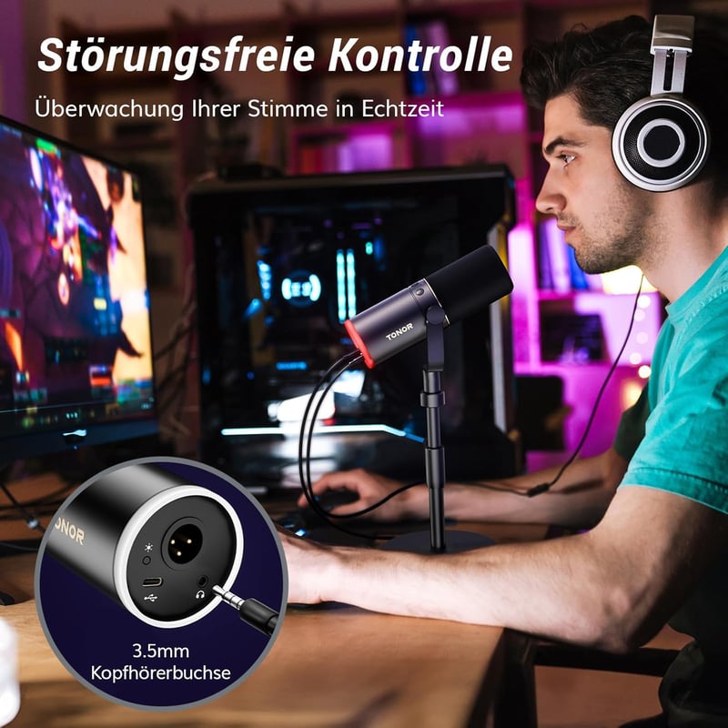 TONOR TD520S XLR/USB Gamer Mikrofon RGB Világítással - Podcast, Streaming és Stúdió Felvételekhez - PC, Mac, Android Kompatibilis Asztali Ál