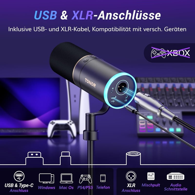 TONOR TD520S XLR/USB Gamer Mikrofon RGB Világítással - Podcast, Streaming és Stúdió Felvételekhez - PC, Mac, Android Kompatibilis Asztali Ál