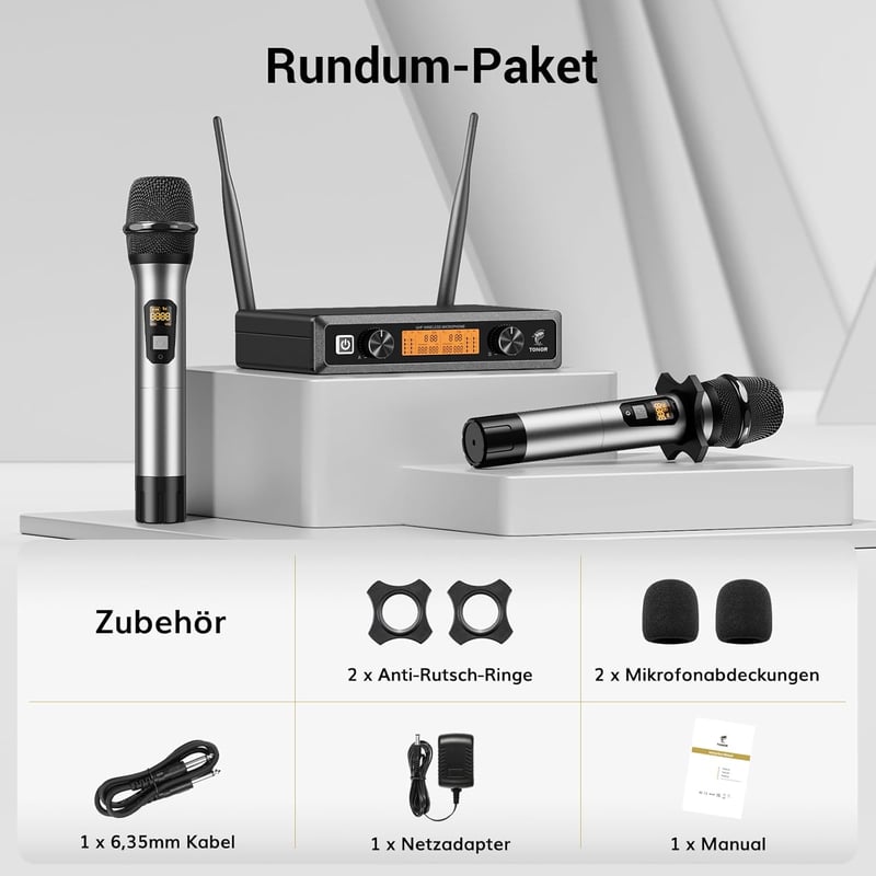 TONOR TW-820 Vezeték Nélküli Mikrofon Szett - 2 Kézi Mikrofon, 60m Hatótáv, Karaoke, Konferencia, Rendezvény Hangosításhoz, Fém Ház