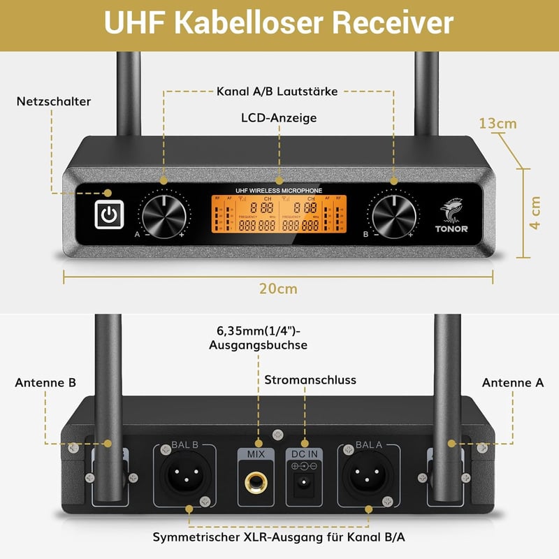 TONOR TW-820 Vezeték Nélküli Mikrofon Szett - 2 Kézi Mikrofon, 60m Hatótáv, Karaoke, Konferencia, Rendezvény Hangosításhoz, Fém Ház