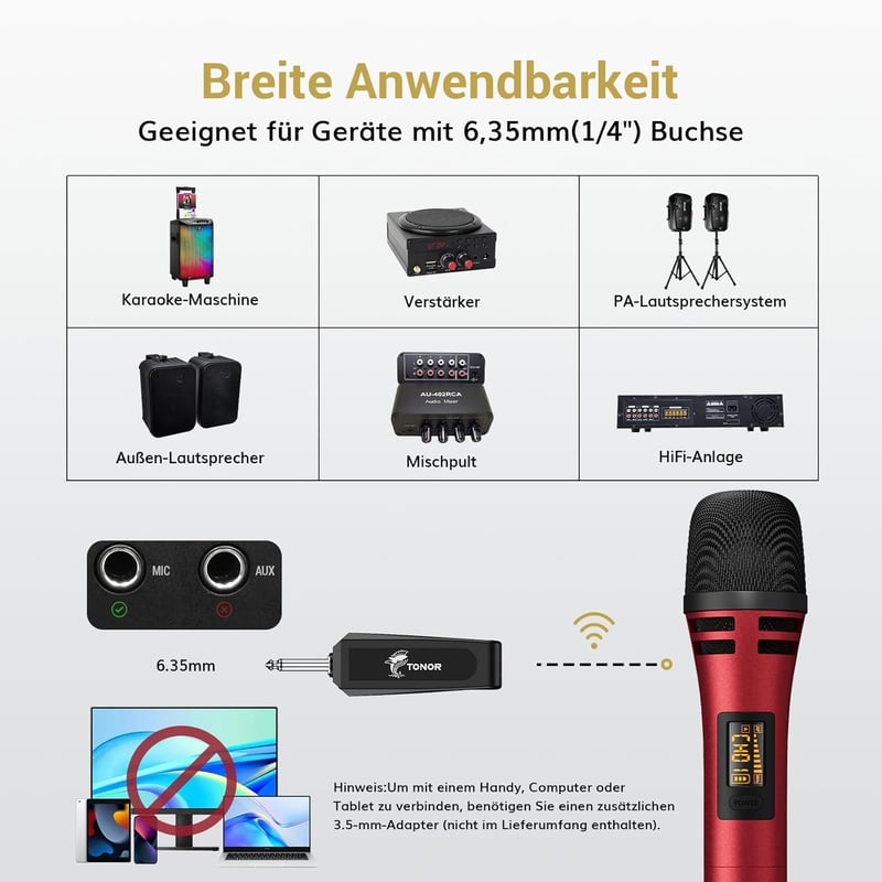 TONOR TW310 Vezeték Nélküli Mikrofon Vevőegységgel - Piros Kézi Dinamikus Mikrofon Karaoke, Rendezvény, Előadás Hangosításhoz, 5 Csatornával
