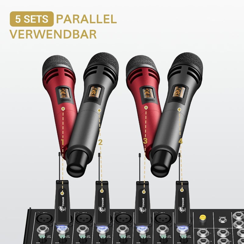 TONOR TW310 Vezeték Nélküli Mikrofon Vevőegységgel - Piros Kézi Dinamikus Mikrofon Karaoke, Rendezvény, Előadás Hangosításhoz, 5 Csatornával