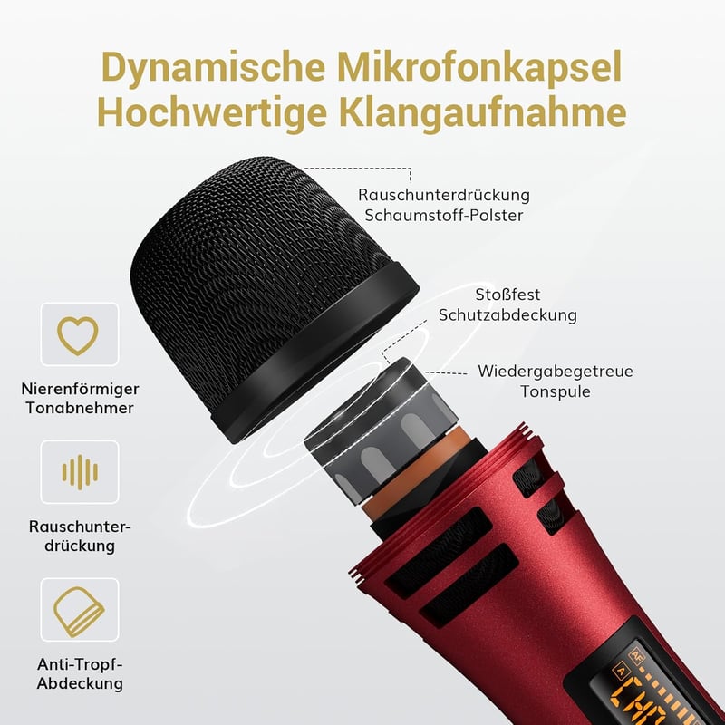 TONOR TW310 Vezeték Nélküli Mikrofon Vevőegységgel - Piros Kézi Dinamikus Mikrofon Karaoke, Rendezvény, Előadás Hangosításhoz, 5 Csatornával