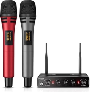 TONOR TW350 UHF vezeték nélküli karaoke mikrofon szett vevővel, 60 m - piros/szürke