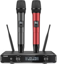 TONOR TW450 vezeték nélküli duál mikrofon szett vevőegységgel, 60 m hatótáv - szürke/piros 1