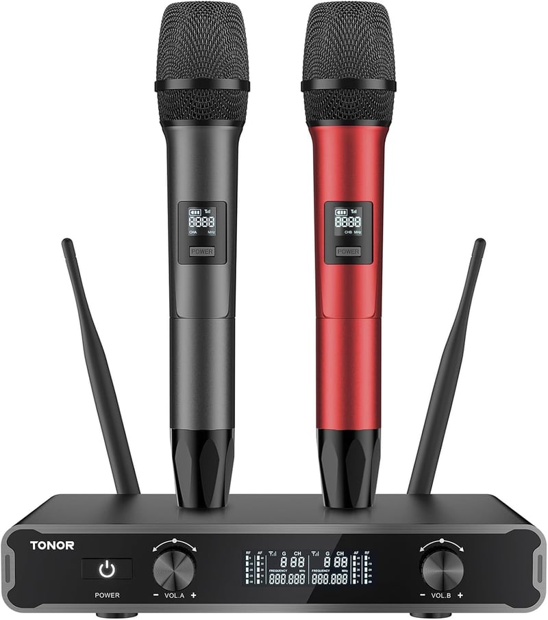 TONOR TW450 vezeték nélküli duál mikrofon szett vevőegységgel, 60 m hatótáv - szürke/piros