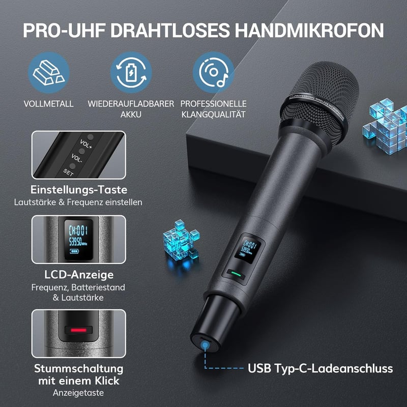 TONOR TW520 Vezeték Nélküli Mikrofon Szett - Újratölthető, Fém, UHF, 2x20 Csatornás, 80m Hatótávolság, Hangerőszabályzós, Esküvőre, Rendezvé