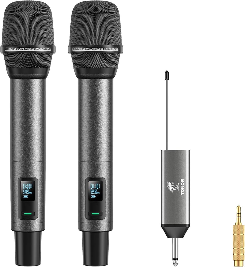 TONOR TW520 Vezeték Nélküli Mikrofon Szett - Újratölthető, Fém, UHF, 2x20 Csatornás, 80m Hatótávolság, Hangerőszabályzós, Esküvőre, Rendezvé