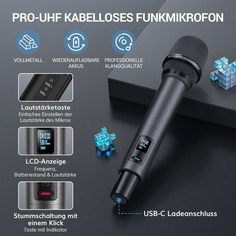 TONOR TW550 Vezeték Nélküli Újratölthető Mikrofon Szett, 2 Mikrofonnal, 80m Hatótáv, Auto Scan, 6.35/3.5mm, Karaoke, DJ, Rendezvény