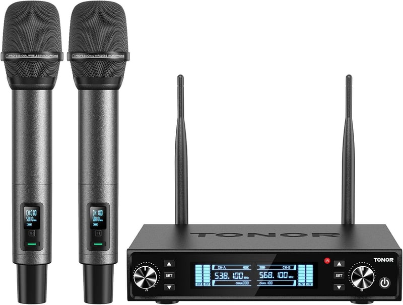 TONOR TW550 Vezeték Nélküli Újratölthető Mikrofon Szett, 2 Mikrofonnal, 80m Hatótáv, Auto Scan, 6.35/3.5mm, Karaoke, DJ, Rendezvény