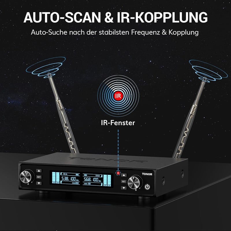 TONOR TW550 Vezeték Nélküli Újratölthető Mikrofon Szett, 2 Mikrofonnal, 80m Hatótáv, Auto Scan, 6.35/3.5mm, Karaoke, DJ, Rendezvény