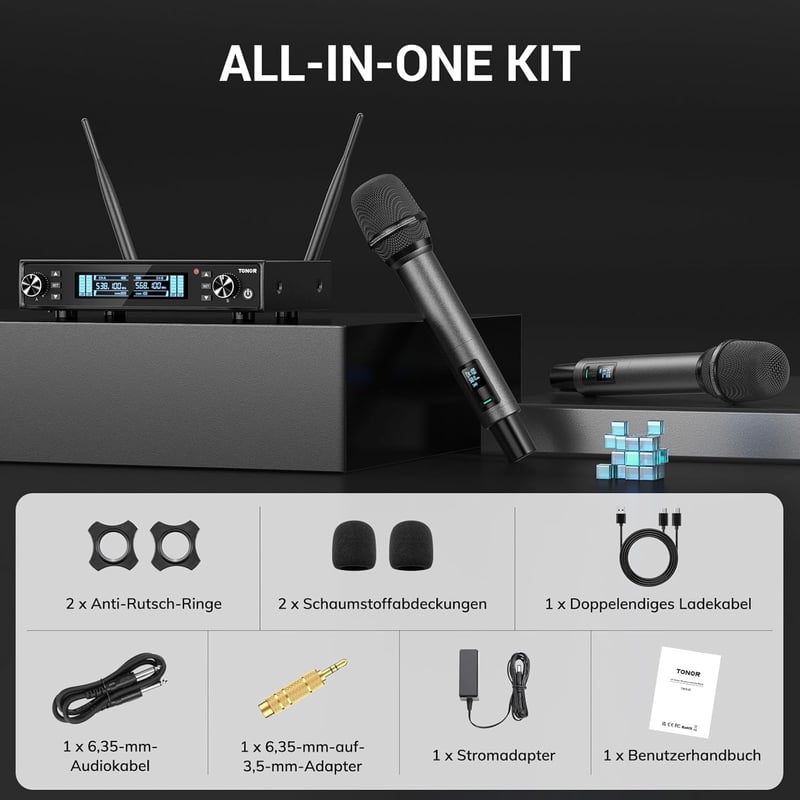 TONOR TW550 Vezeték Nélküli Újratölthető Mikrofon Szett, 2 Mikrofonnal, 80m Hatótáv, Auto Scan, 6.35/3.5mm, Karaoke, DJ, Rendezvény