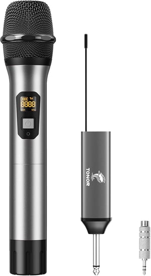 Set microfon wireless UHF portabil din metal TONOR TW620 cu receptor reîncărcabil, rază de acțiune 60 m, ieșire jack 1/4 pentru amplificator karaoke