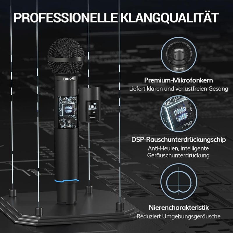 TONOR TW750 Vezeték Nélküli UHF Mikrofon Szett, 2 Tölthető Fém Mikrofon Fénygyűrűvel, 100m Hatótáv, Auto Scan Funkcióval Karaoke Partikhoz
