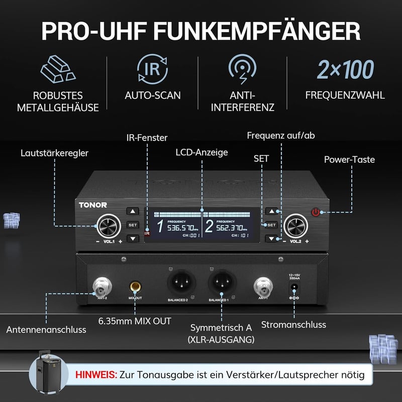 TONOR TW750 Vezeték Nélküli UHF Mikrofon Szett, 2 Tölthető Fém Mikrofon Fénygyűrűvel, 100m Hatótáv, Auto Scan Funkcióval Karaoke Partikhoz