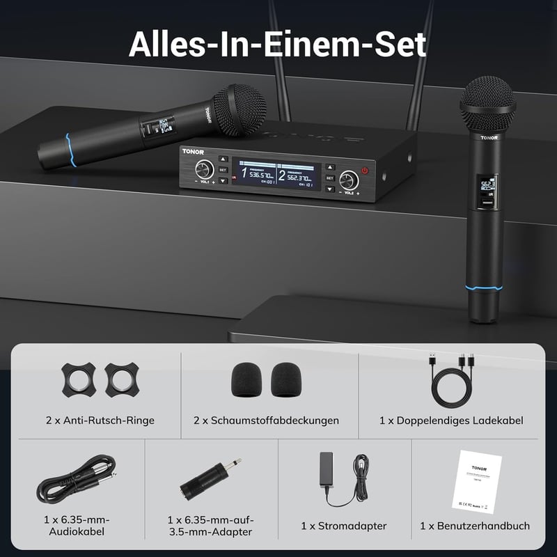 TONOR TW750 Vezeték Nélküli UHF Mikrofon Szett, 2 Tölthető Fém Mikrofon Fénygyűrűvel, 100m Hatótáv, Auto Scan Funkcióval Karaoke Partikhoz
