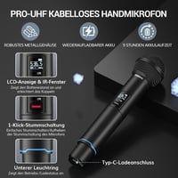 TONOR TW750 Vezeték Nélküli UHF Mikrofon Szett, 2 Tölthető Fém Mikrofon Fénygyűrűvel, 100m Hatótáv, Auto Scan Funkcióval Karaoke Partikhoz 6
