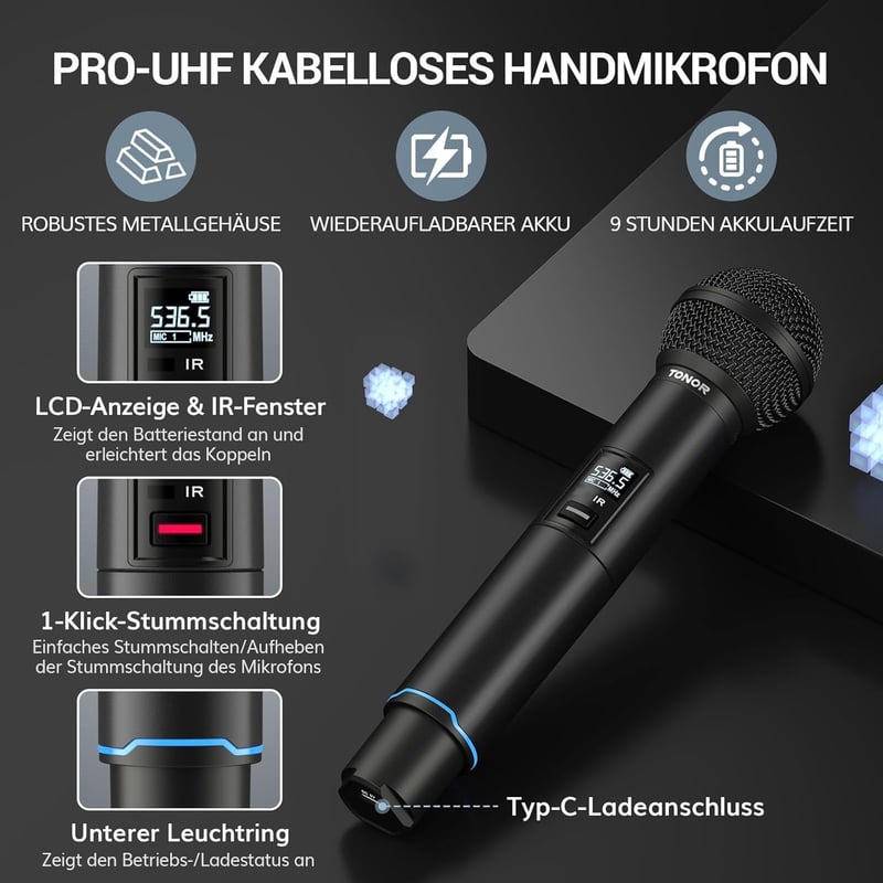 TONOR TW750 Vezeték Nélküli UHF Mikrofon Szett, 2 Tölthető Fém Mikrofon Fénygyűrűvel, 100m Hatótáv, Auto Scan Funkcióval Karaoke Partikhoz