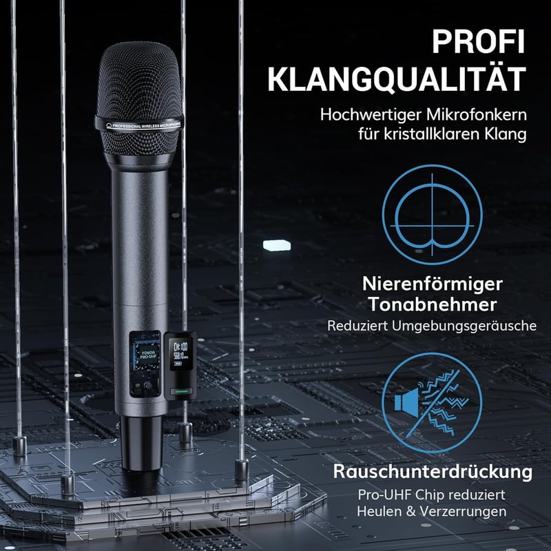 TONOR TW790 Bluetooth Vezeték Nélküli Mikrofon Szett, 2 Fém Mikrofon, 100 UHF Frekvencia, 80m Hatótáv, Újratölthető, Karaoke, Rendezvény