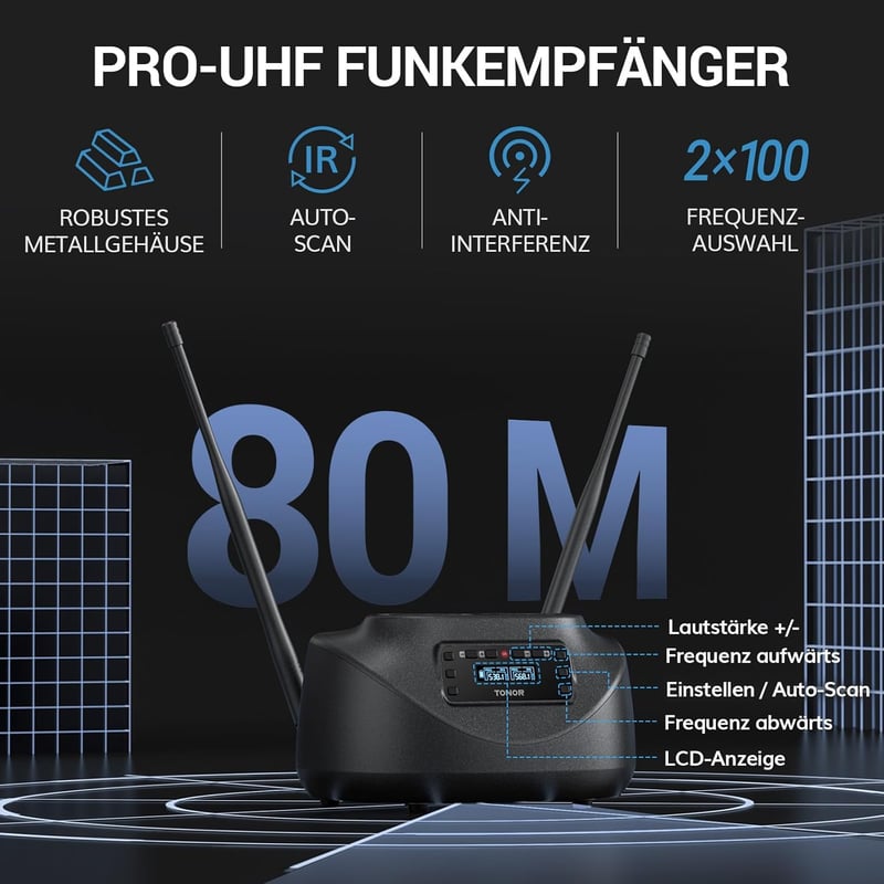 TONOR TW790 Bluetooth Vezeték Nélküli Mikrofon Szett, 2 Fém Mikrofon, 100 UHF Frekvencia, 80m Hatótáv, Újratölthető, Karaoke, Rendezvény