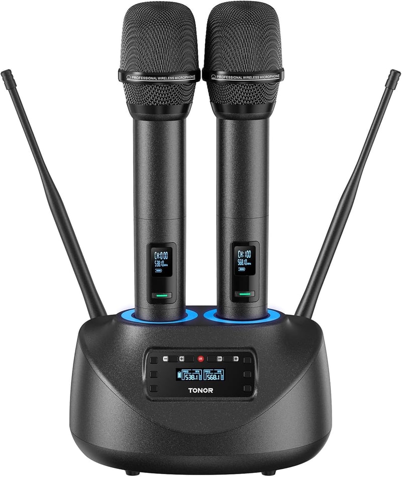 TONOR TW790 Bluetooth Vezeték Nélküli Mikrofon Szett, 2 Fém Mikrofon, 100 UHF Frekvencia, 80m Hatótáv, Újratölthető, Karaoke, Rendezvény