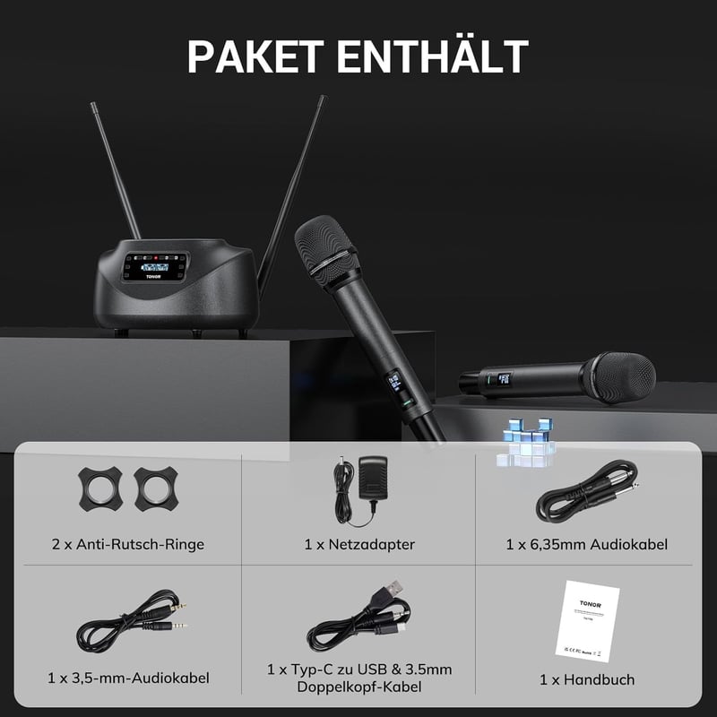 TONOR TW790 Bluetooth Vezeték Nélküli Mikrofon Szett, 2 Fém Mikrofon, 100 UHF Frekvencia, 80m Hatótáv, Újratölthető, Karaoke, Rendezvény