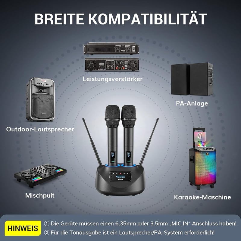 TONOR TW790 Bluetooth Vezeték Nélküli Mikrofon Szett, 2 Fém Mikrofon, 100 UHF Frekvencia, 80m Hatótáv, Újratölthető, Karaoke, Rendezvény