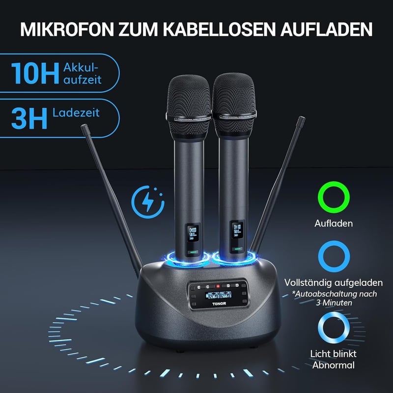 TONOR TW790 Bluetooth Vezeték Nélküli Mikrofon Szett, 2 Fém Mikrofon, 100 UHF Frekvencia, 80m Hatótáv, Újratölthető, Karaoke, Rendezvény