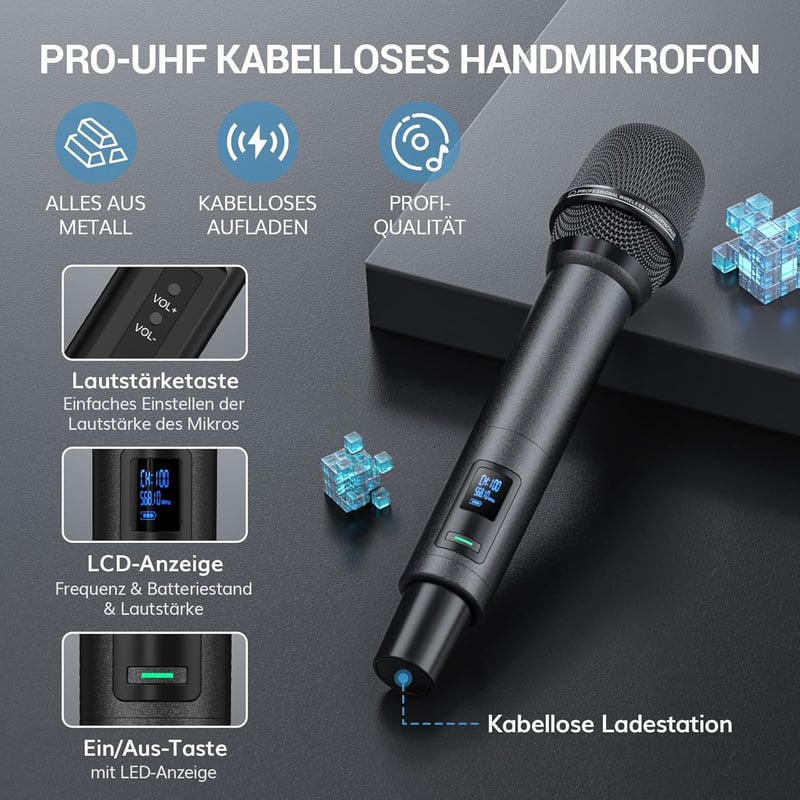 TONOR TW790 Bluetooth Vezeték Nélküli Mikrofon Szett, 2 Fém Mikrofon, 100 UHF Frekvencia, 80m Hatótáv, Újratölthető, Karaoke, Rendezvény