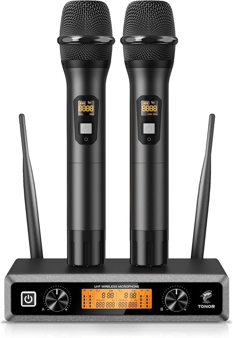 TONOR TW820 Vezeték Nélküli Duál Mikrofon Szett - UHF Professzionális Dinamikus Rendszer Karaoke, Buli, Esküvő, Rendezvény - 60m Hatótáv, Fe