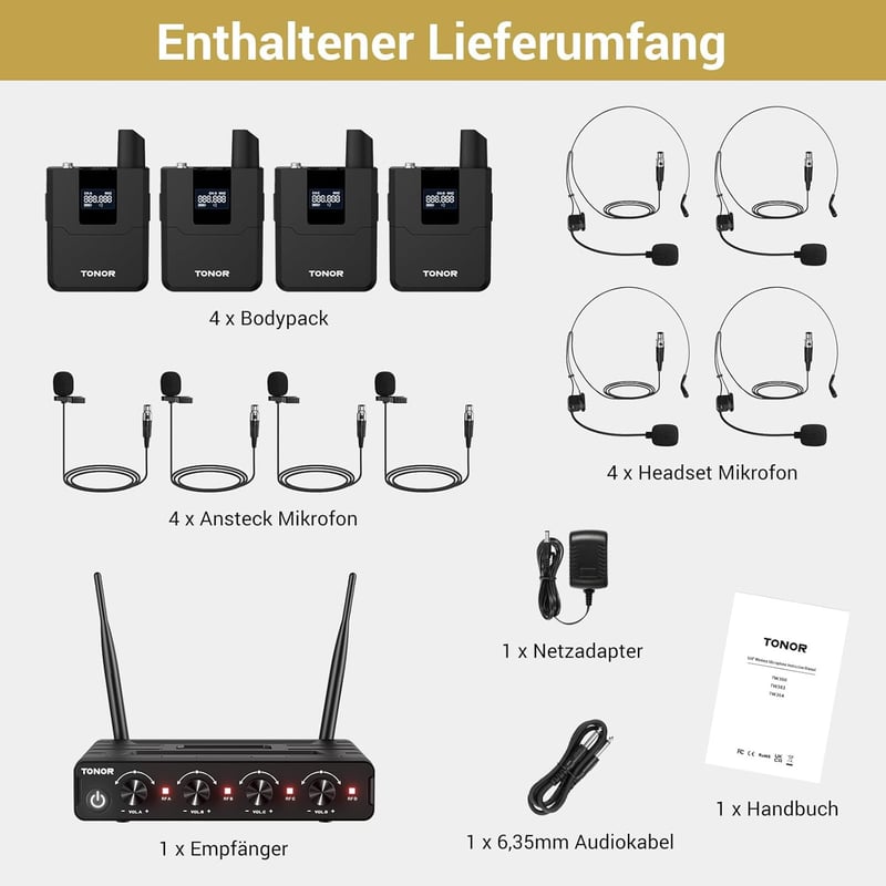 TONOR UHF Vezeték nélküli Mikrofon Szett 4 Testpakk Adóval, Fejpánt és Nyakpánt Mikrofonnal - 4 pocket transmitters