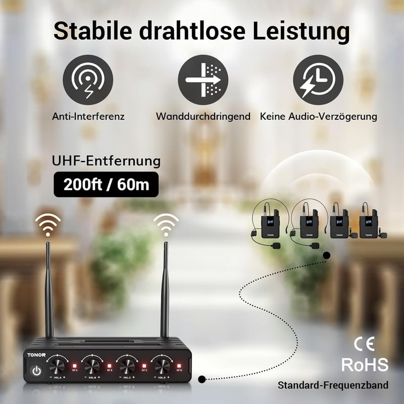 TONOR UHF Vezeték nélküli Mikrofon Szett 4 Testpakk Adóval, Fejpánt és Nyakpánt Mikrofonnal - 4 pocket transmitters