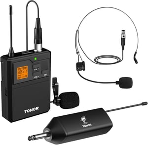 Set microfon wireless UHF TONOR – Microfon tip cască și lavalieră, transmițător bodypack, mini receptor, rază de acțiune 60 m
