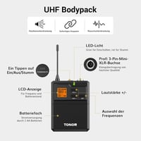 TONOR UHF Vezeték nélküli Mikrofon Szett – Fej- és Gallérmikrofon, Bodypack Adó, Mini Vevő, 60 m Hatótáv 3