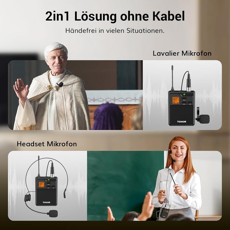 TONOR UHF Vezeték nélküli Mikrofon Szett – Fej- és Gallérmikrofon, Bodypack Adó, Mini Vevő, 60 m Hatótáv