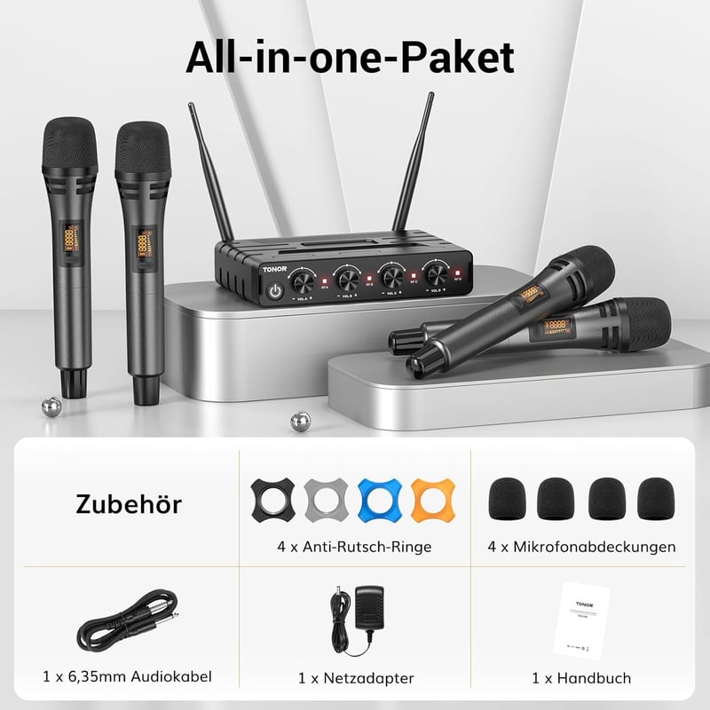 TONOR Vezeték nélküli mikrofon szett 4 db kézi mikrofonnal 60m reichweite karaoke énekléshez