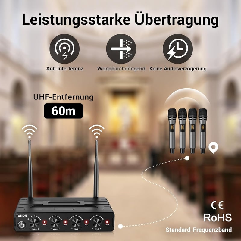 TONOR Vezeték nélküli mikrofon szett 4 db kézi mikrofonnal 60m reichweite karaoke énekléshez