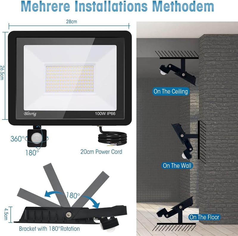 toobettp 100W LED Reflektor Mozgásérzékelővel, 10000 Lumen Meleg Fehér IP66 Vízálló Kültéri